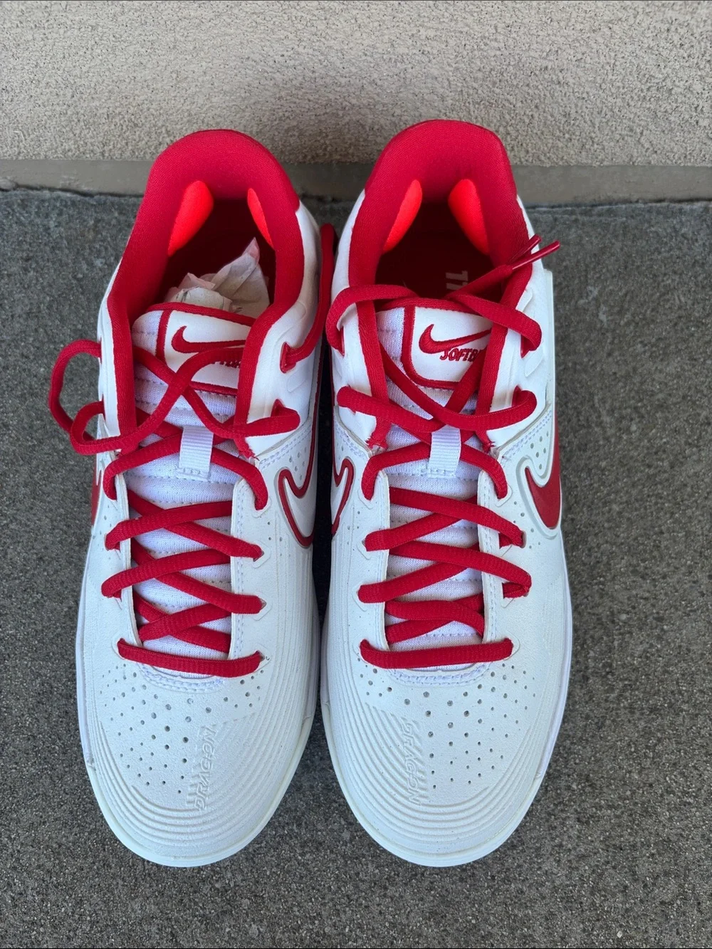 Nike White and Red Softball Cleats with Red Swoosh